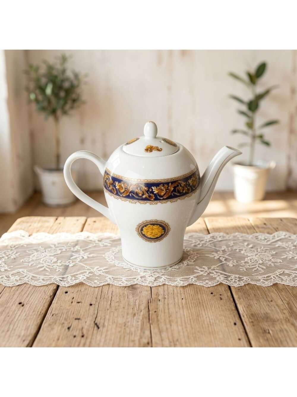 Vintage Casa Elite M Valenti Porcelain Medusa Teapot Cobalt Blue & Gold 8.7"